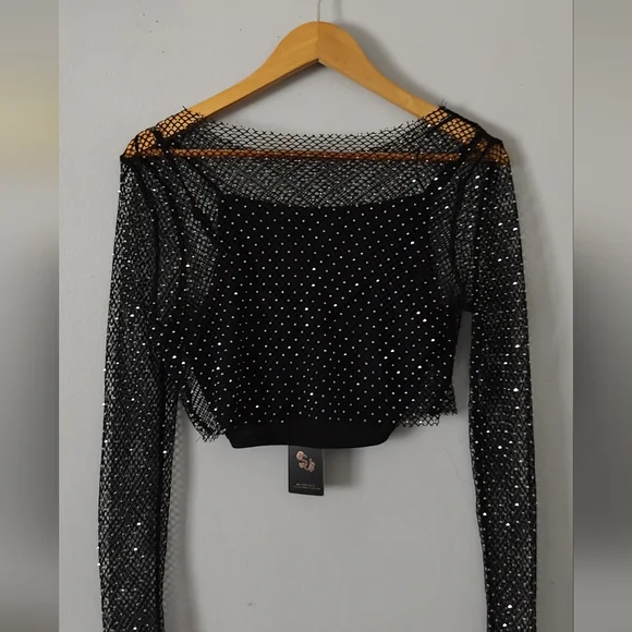 Sincerely Jules Crop top Mesh  Black Shiny Style Sexy  2 Piece New    Medium - Picture 10 of 10